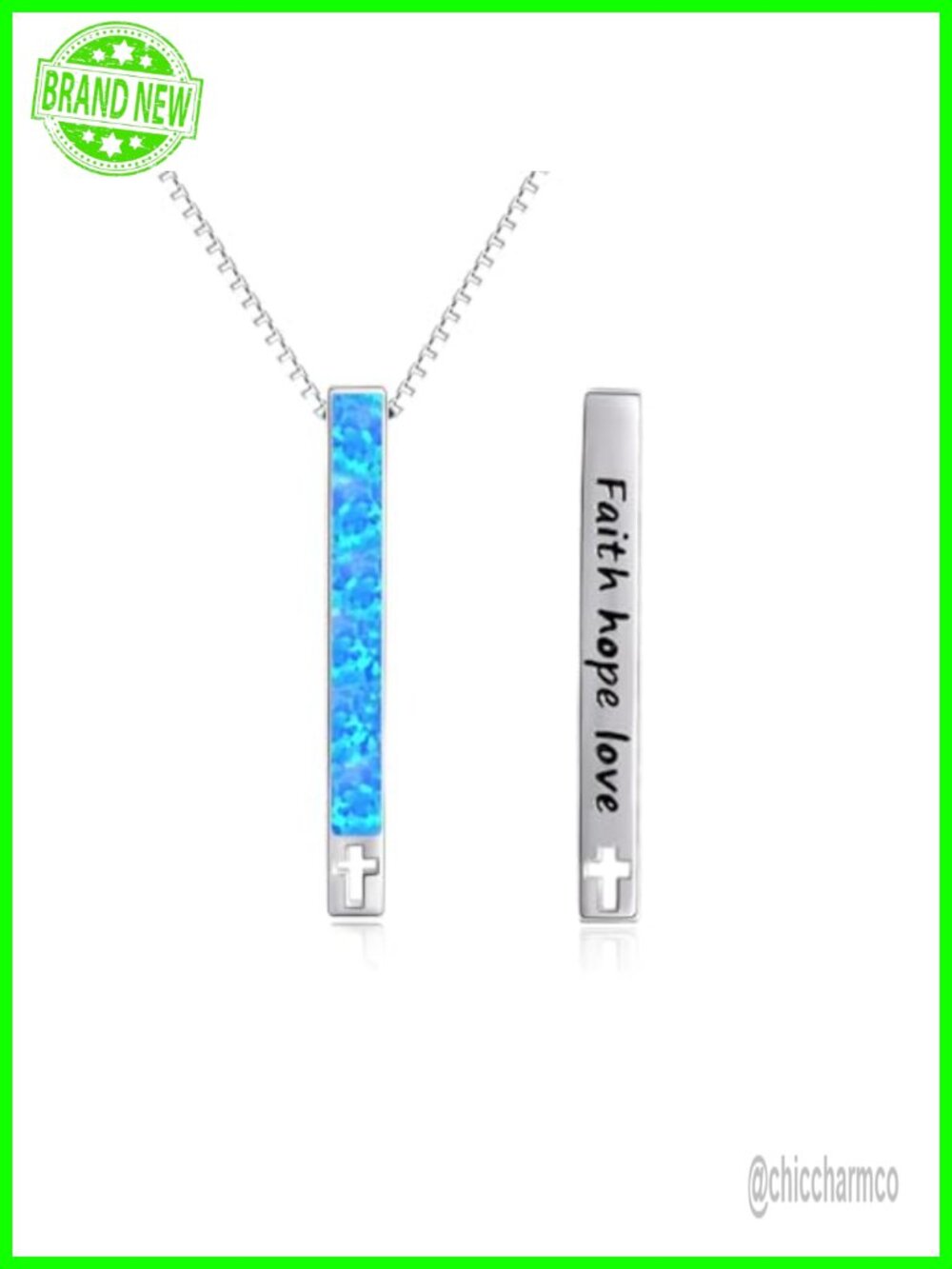 Sterling Silver Opal Vertical Bar Pendant Necklace Faith Hope Love Inspirational